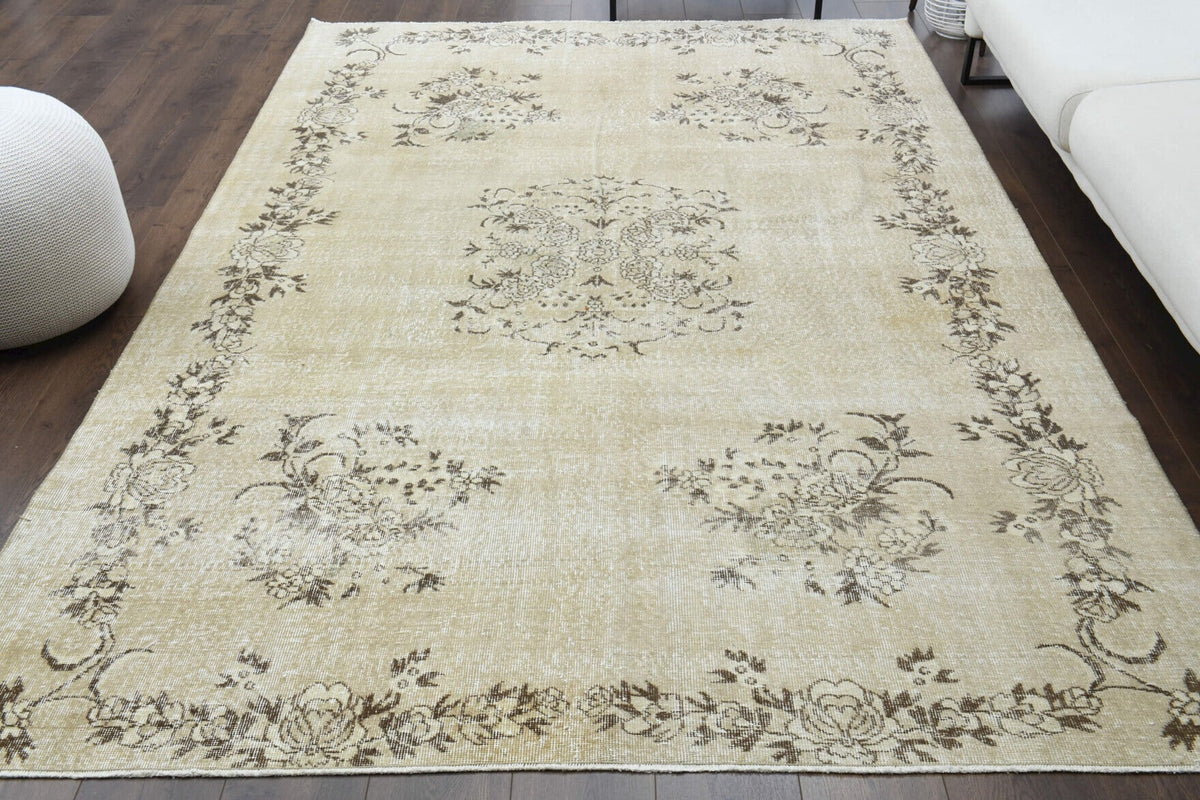 El yapımı vintage halı 196x292 cm çiçek desenli desenli yün - detay görünümü