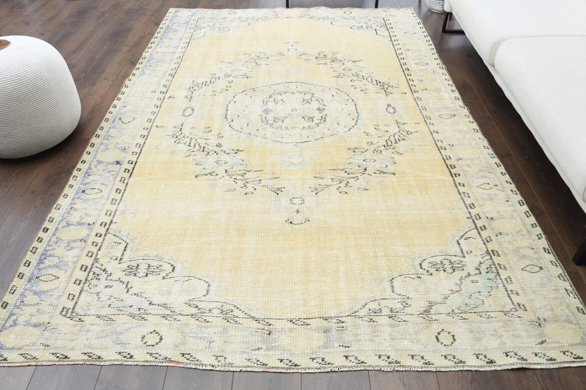 El yapımı vintage halı 183x274 cm madalyonlu desenli yün - detay görünümü
