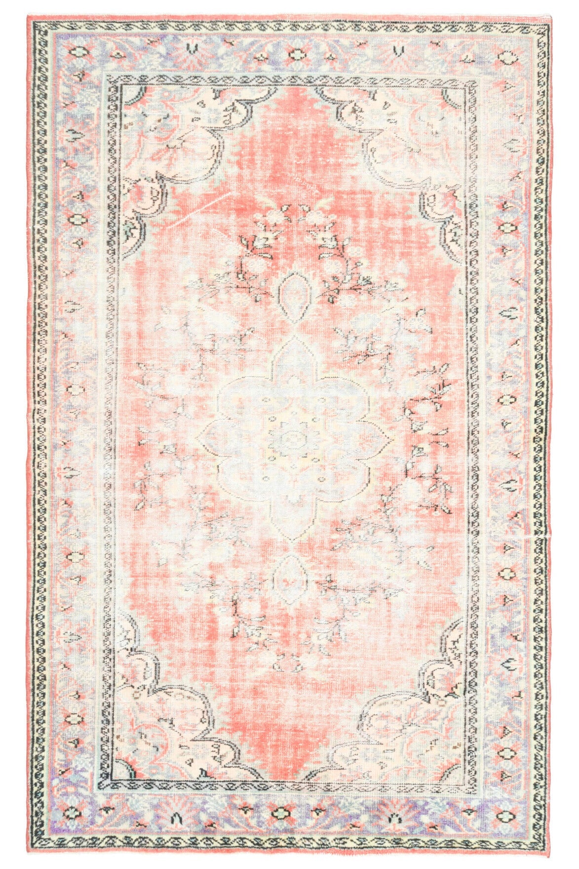 190x310 cm bej, turuncu ve pembe oryantal desenli el dokuma vintage halı – üstten tam görünüm
