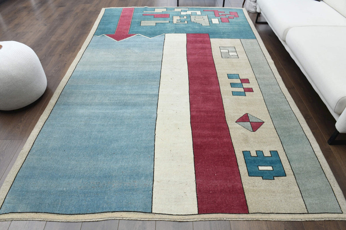 El yapımı vintage halı 203x305 cm tribal desenli yün - detay görünümü