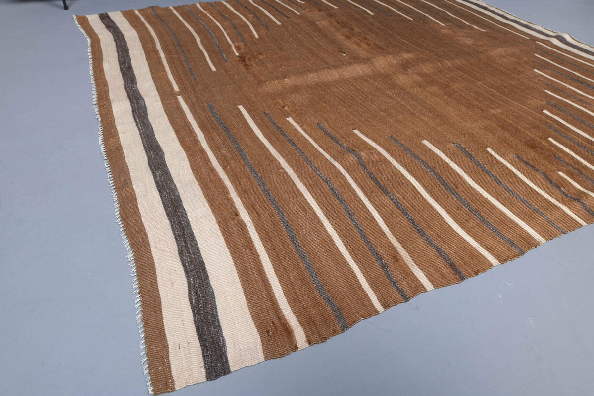 El yapımı vintage halı 152x168 cm çizgili desenli yün - kenar ve saçak detayı