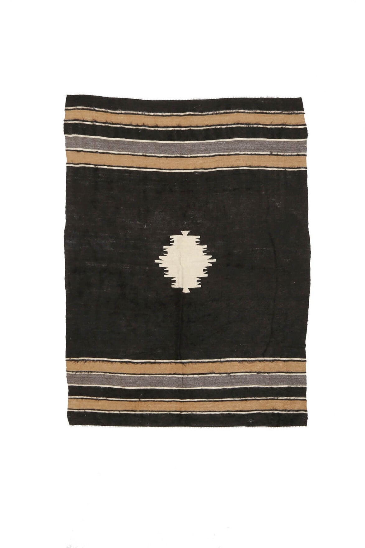137x190 cm siyah, kahverengi ve turuncu çizgili el dokuma vintage kilim – üstten tam görünüm