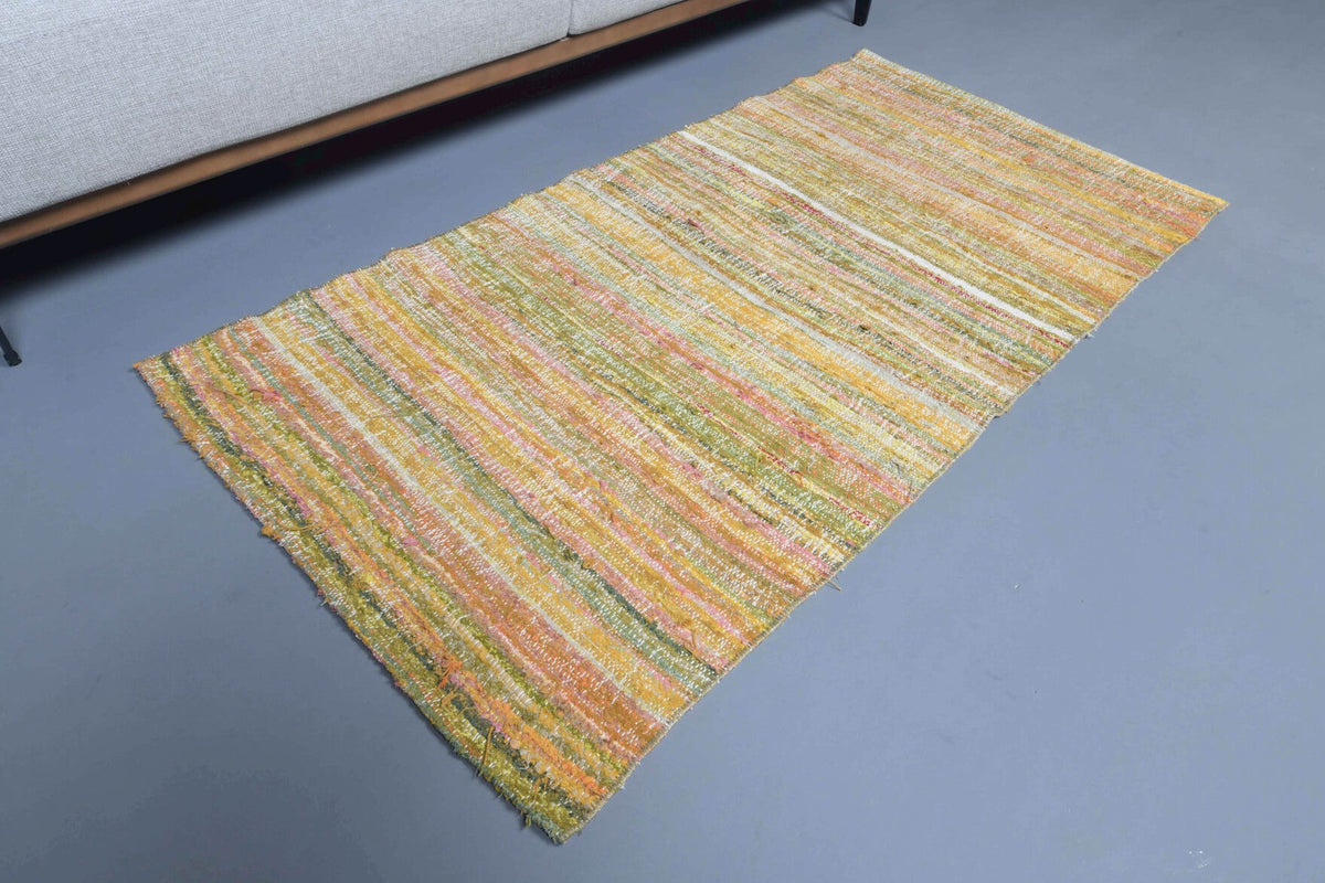 El yapımı vintage halı 79x155 cm çizgili desenli yün - yakın çekim doku detayı