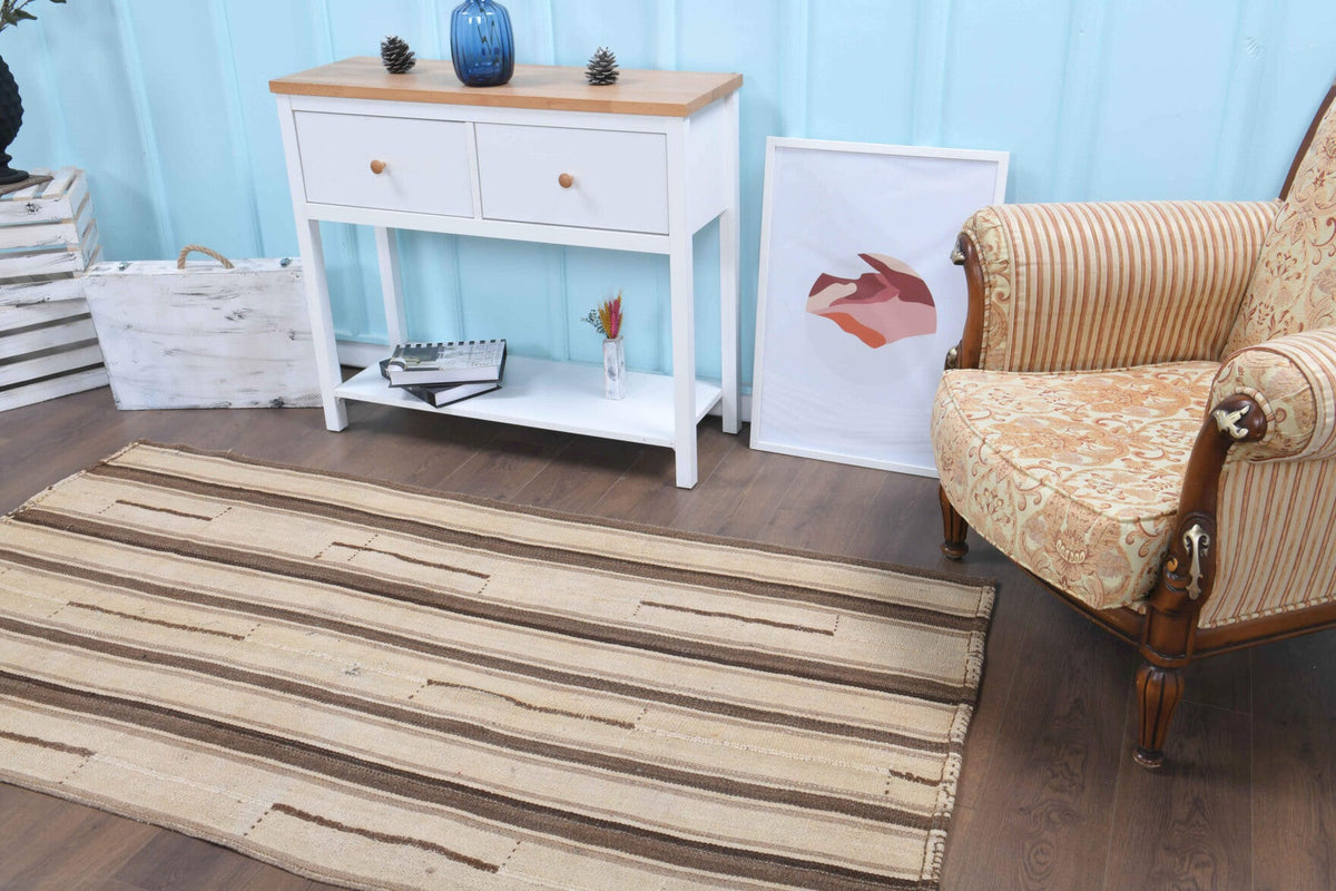 Turuncu, bej ve kahverengi renkli el dokuma vintage kilim, %100 yün dokuma