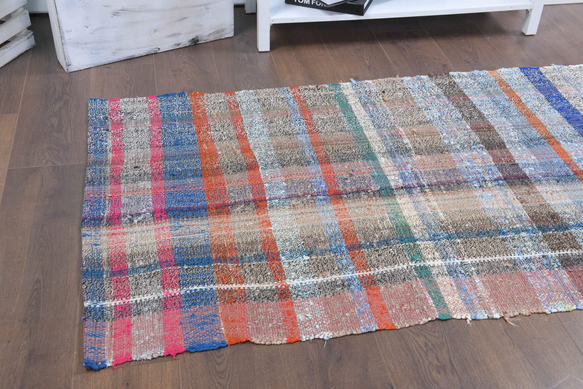 Kareli el dokuma vintage kilim – gri ve mavi tonlarda yün dokuma