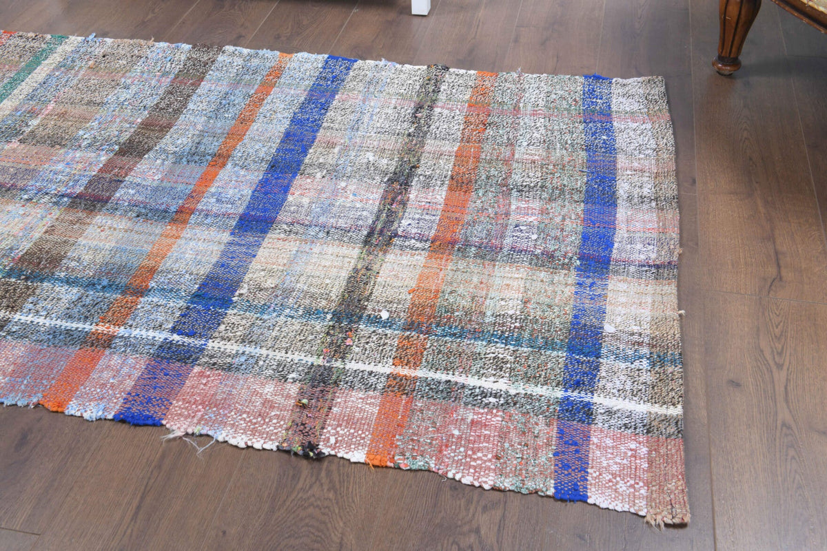 Gri ve mavi renkli el dokuma vintage kilim, %100 yün dokuma
