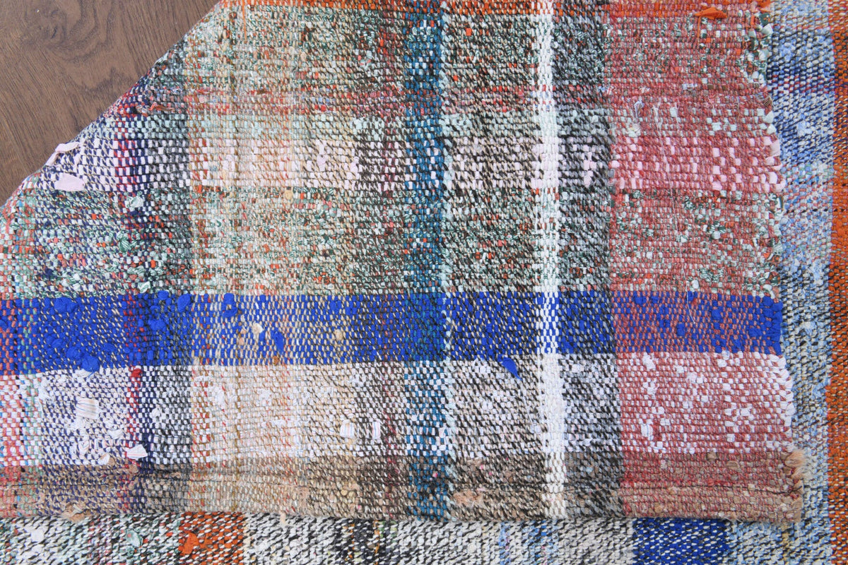 Vintage kilim 97x206 cm – gri ve mavi kareli, el dokuma
