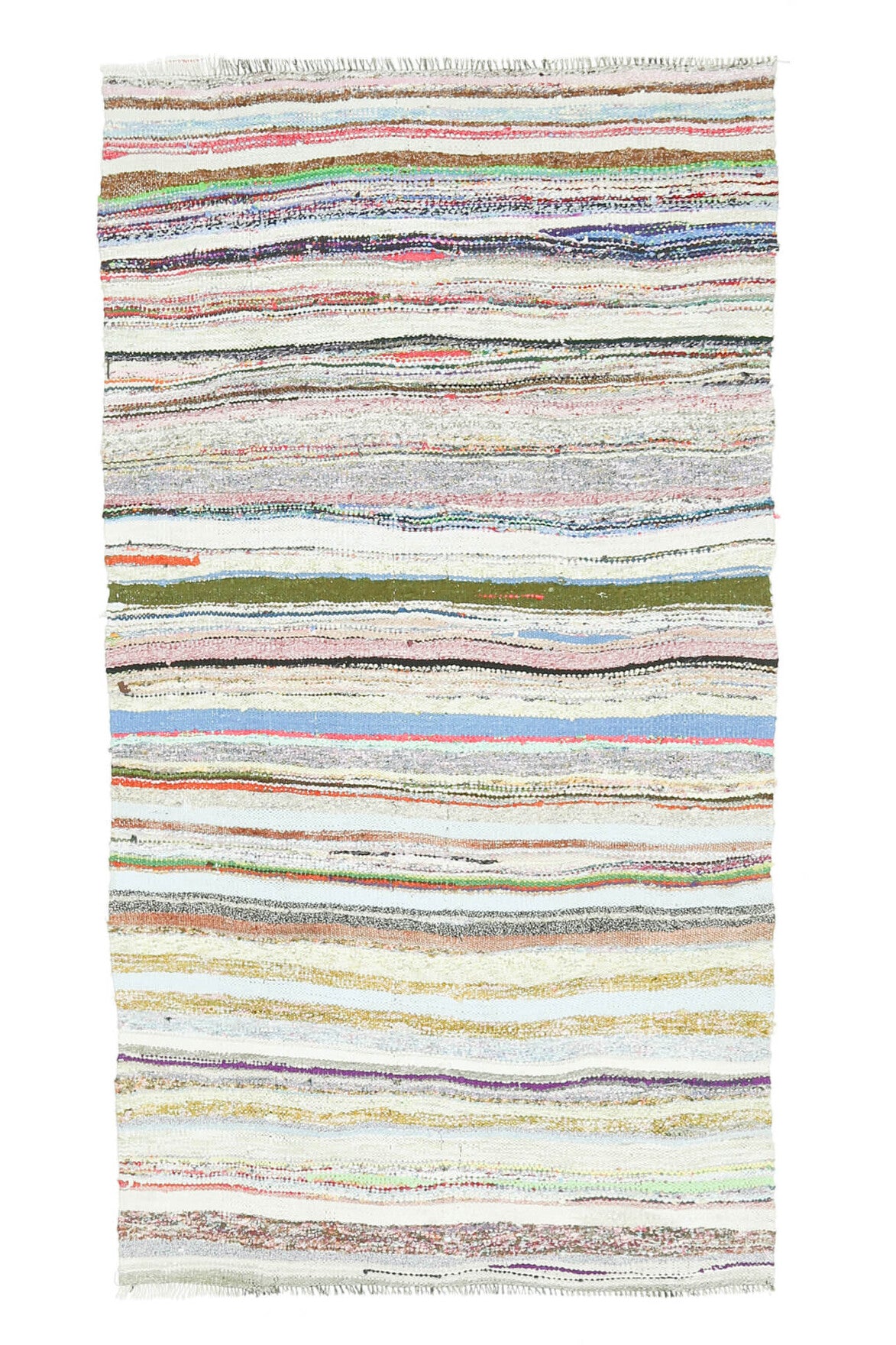 110x213 cm beyaz, bej ve gri çizgili el dokuma vintage kilim – üstten tam görünüm