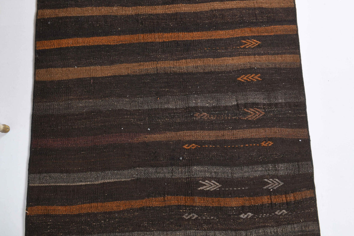 El yapımı vintage halı 102x188 cm çizgili desenli yün - yakın çekim doku detayı
