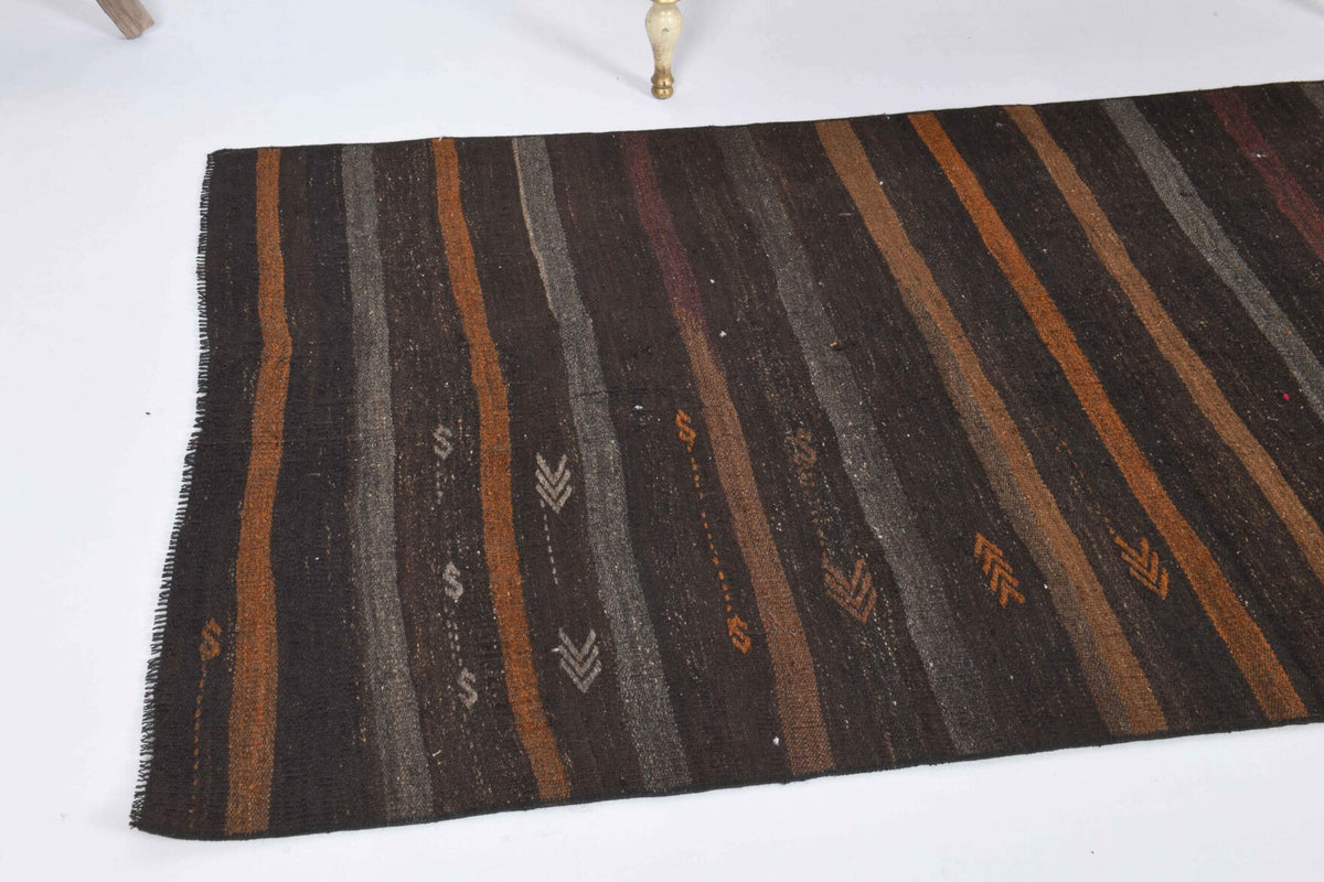 El yapımı vintage halı 102x188 cm çizgili desenli yün - kenar ve saçak detayı