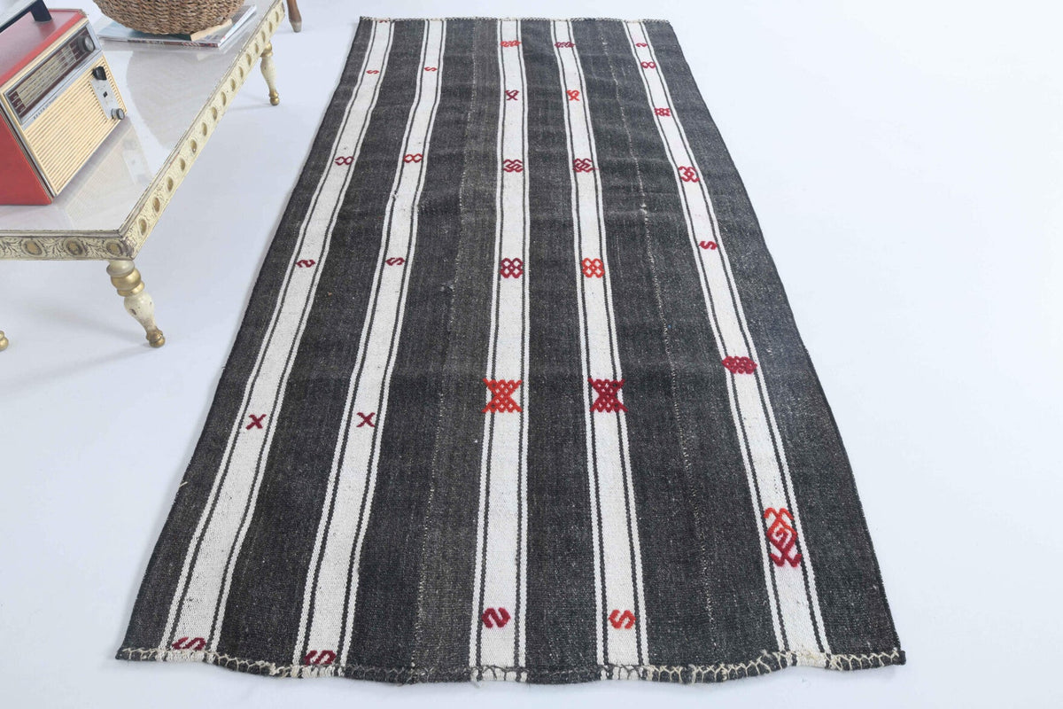 El yapımı vintage halı 107x224 cm çizgili desenli yün - detay görünümü