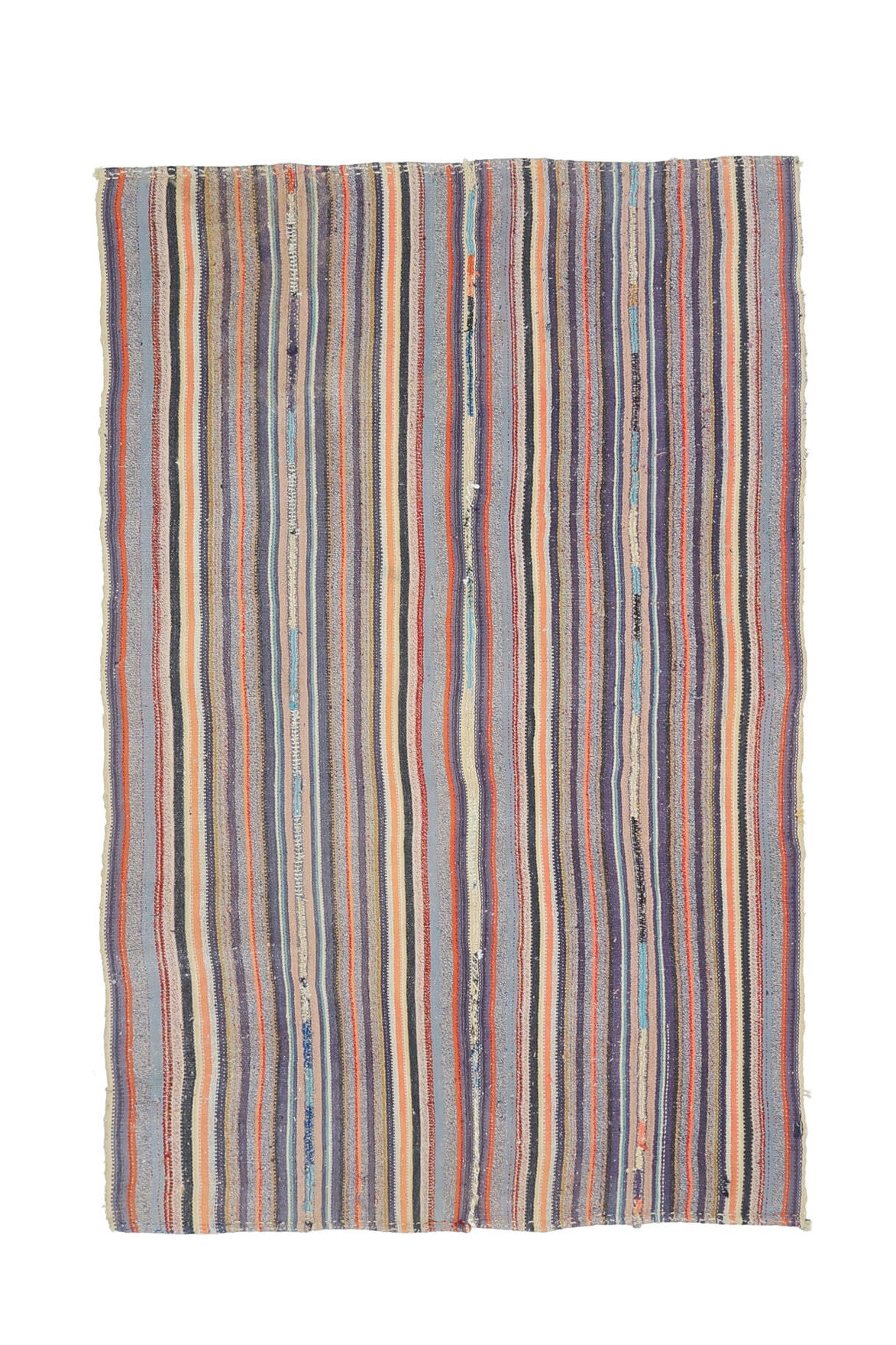 150x237 cm turuncu, gri ve mor çizgili el dokuma vintage kilim – üstten tam görünüm
