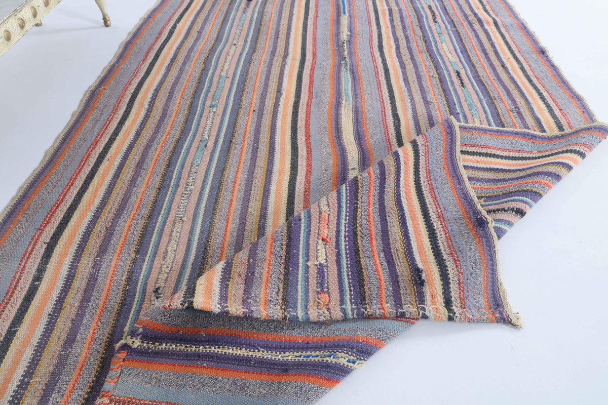 Vintage kilim 150x237 cm – turuncu, gri ve mor çizgili, el dokuma