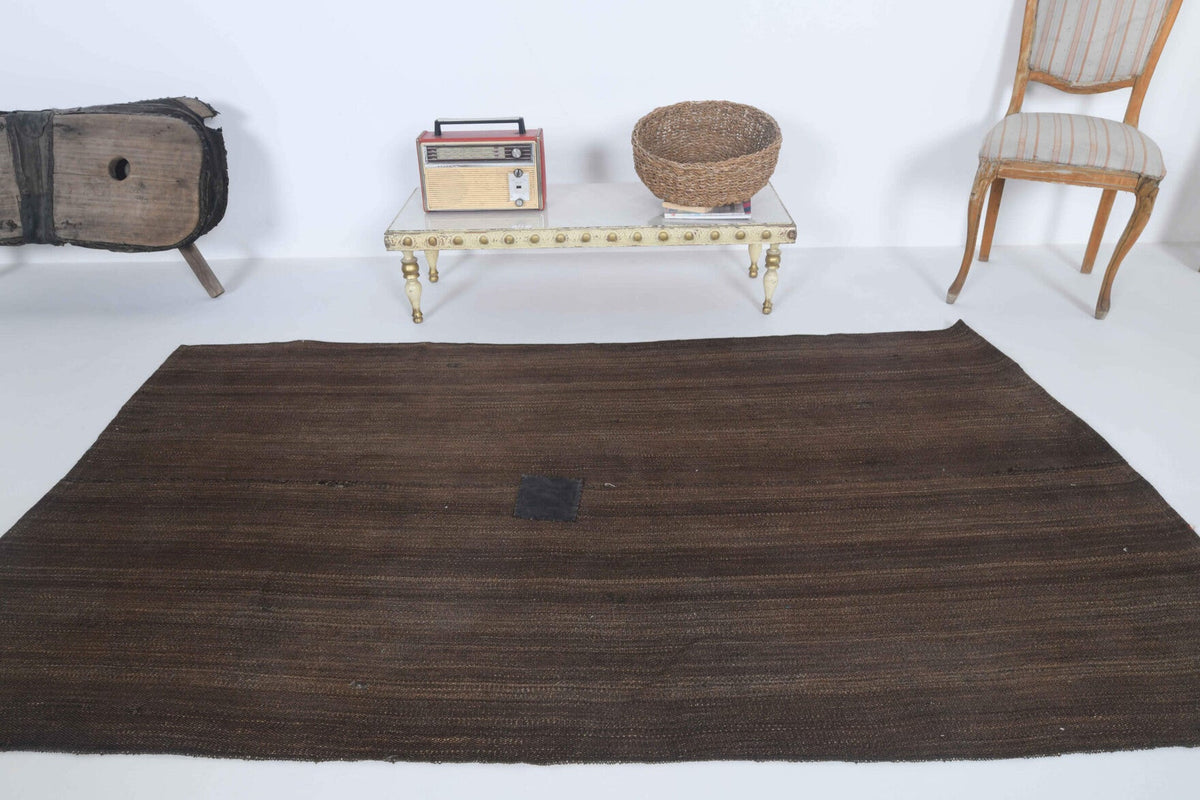 Kahverengi renkli el dokuma vintage kilim, %100 yün dokuma