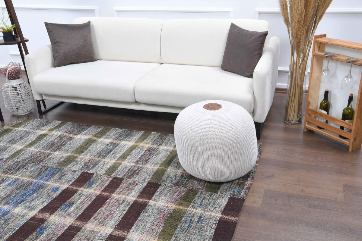 El yapımı vintage halı 142x211 cm çizgili desenli yün - yakın çekim doku detayı