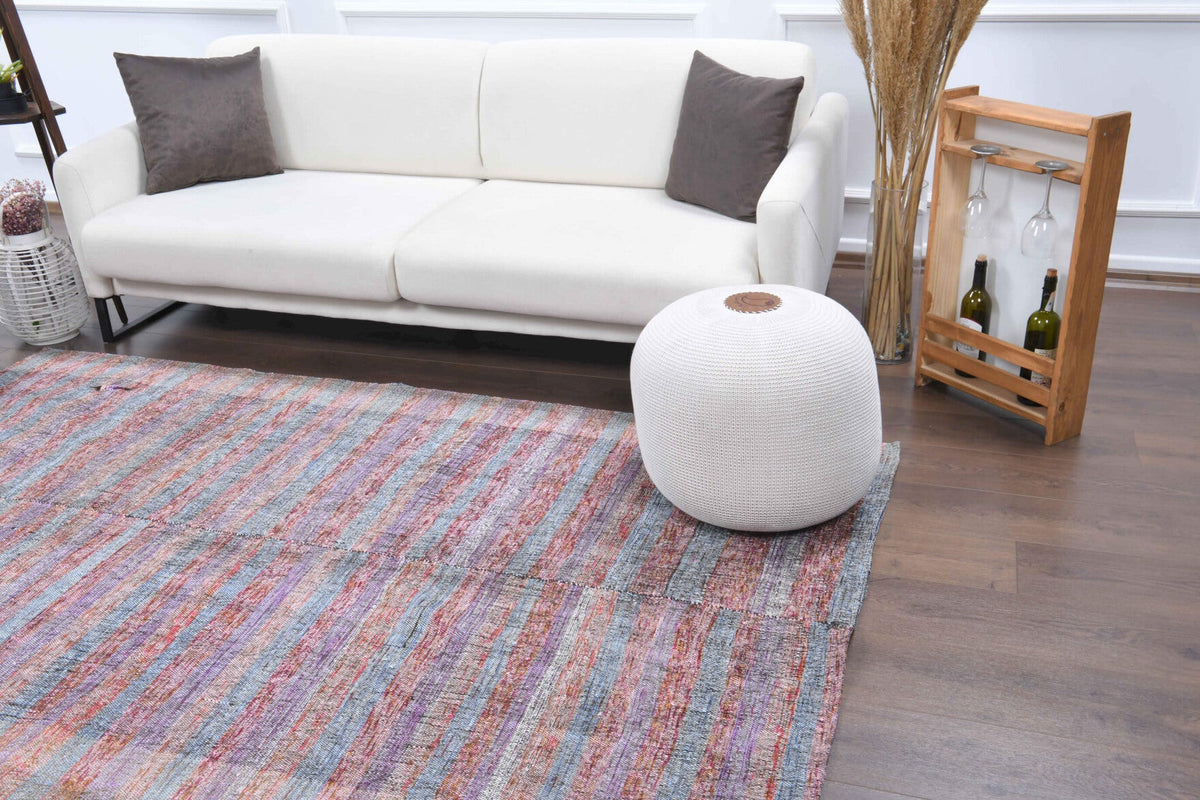 El yapımı vintage halı 150x241 cm çizgili desenli yün - yakın çekim doku detayı