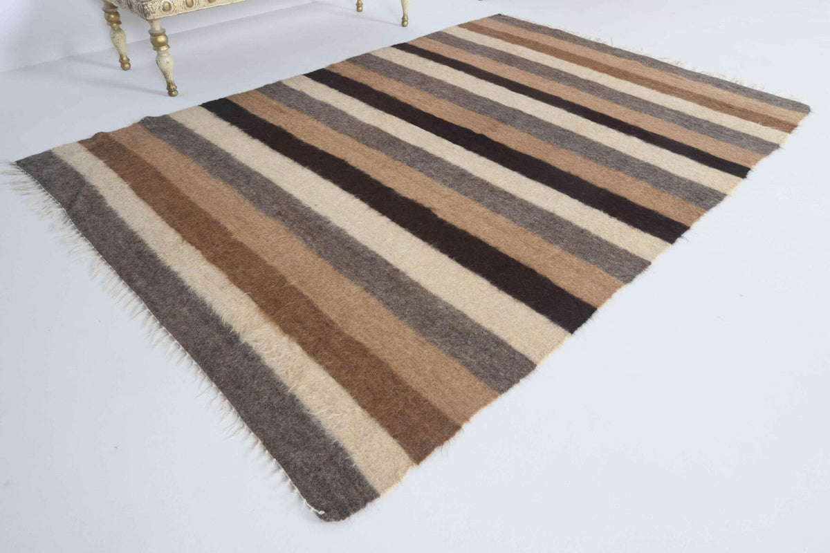 El yapımı vintage halı 124x185 cm çizgili desenli yün - yakın çekim doku detayı