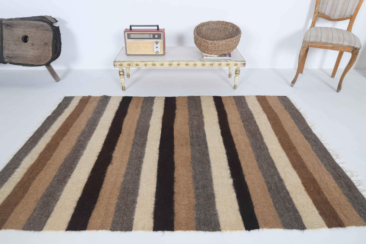 Kahverengi ve turuncu renkli el dokuma vintage kilim, %100 yün dokuma