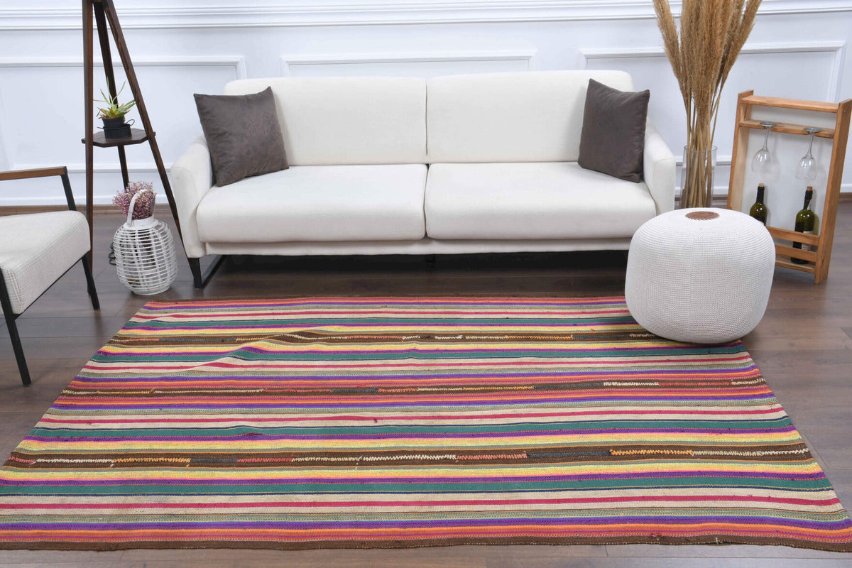 1960'lardan Anadolu kökenli çizgili el dokuma vintage kilim, 167x231 cm