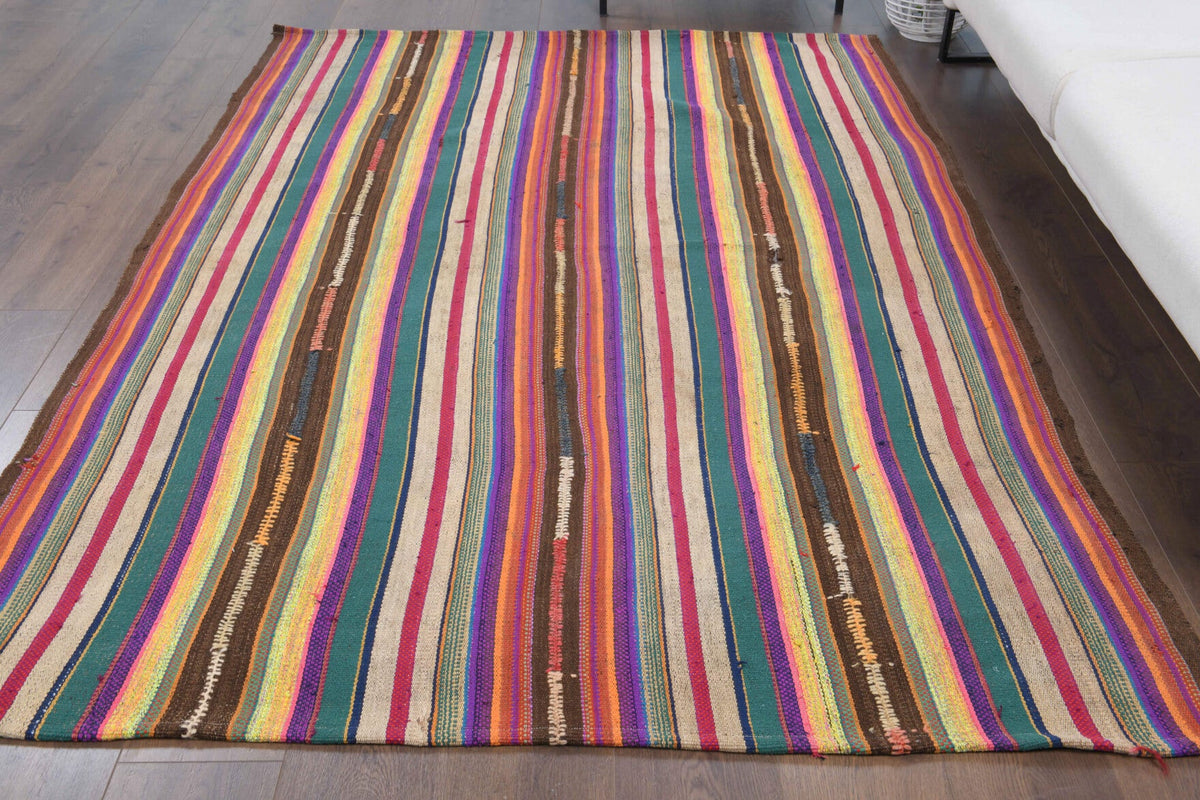 El yapımı vintage halı 168x231 cm çizgili desenli yün - yakın çekim doku detayı