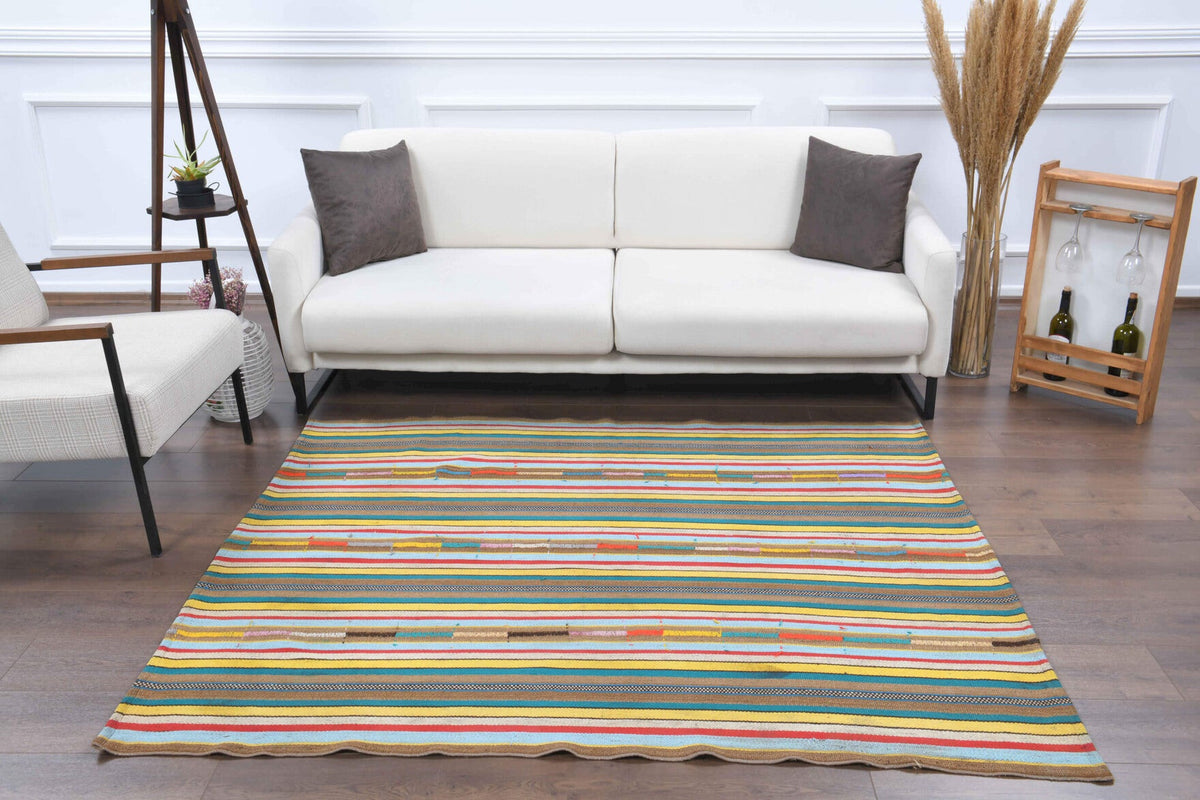 El yapımı vintage halı 157x188 cm çizgili desenli yün - detay görünümü