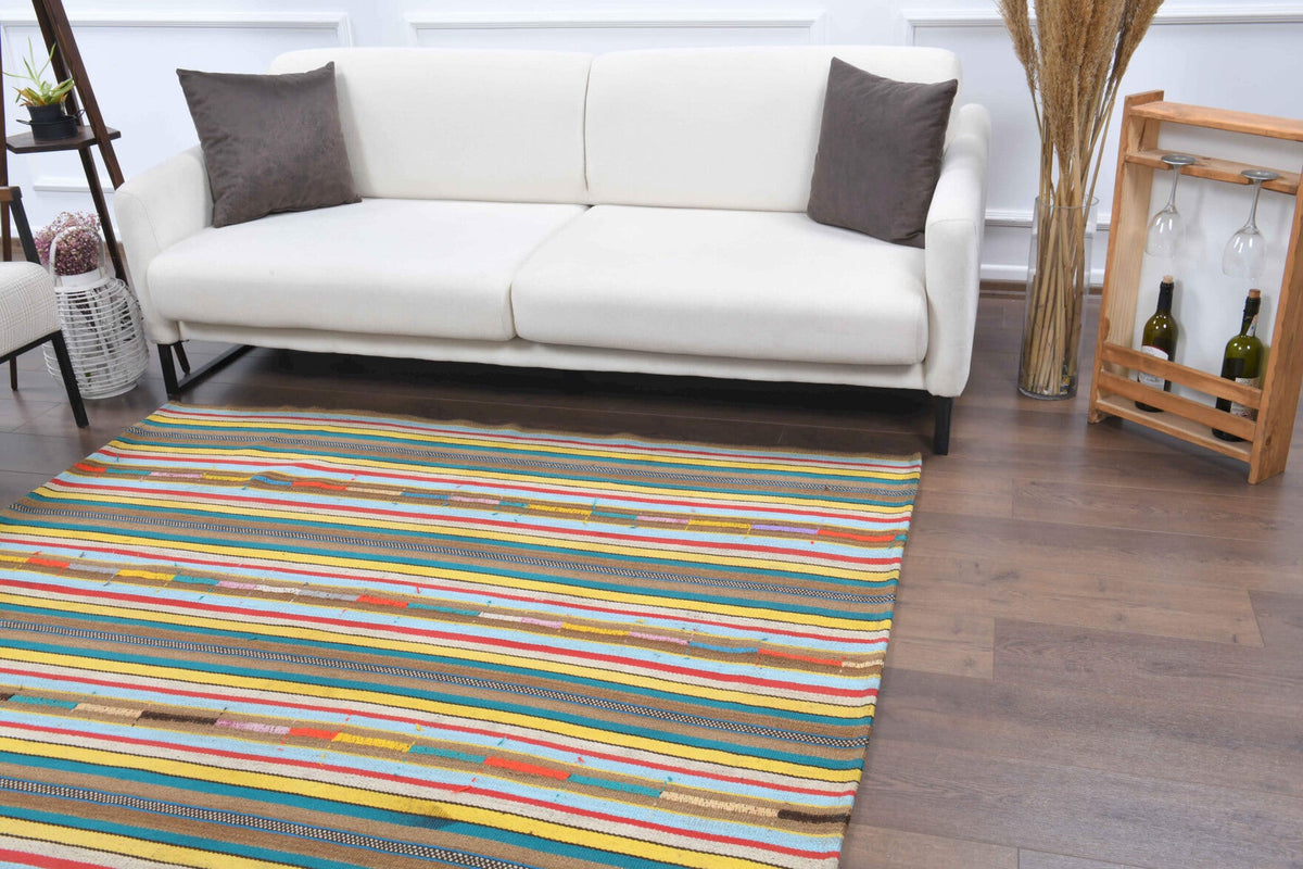 El yapımı vintage halı 157x188 cm çizgili desenli yün - yakın çekim doku detayı