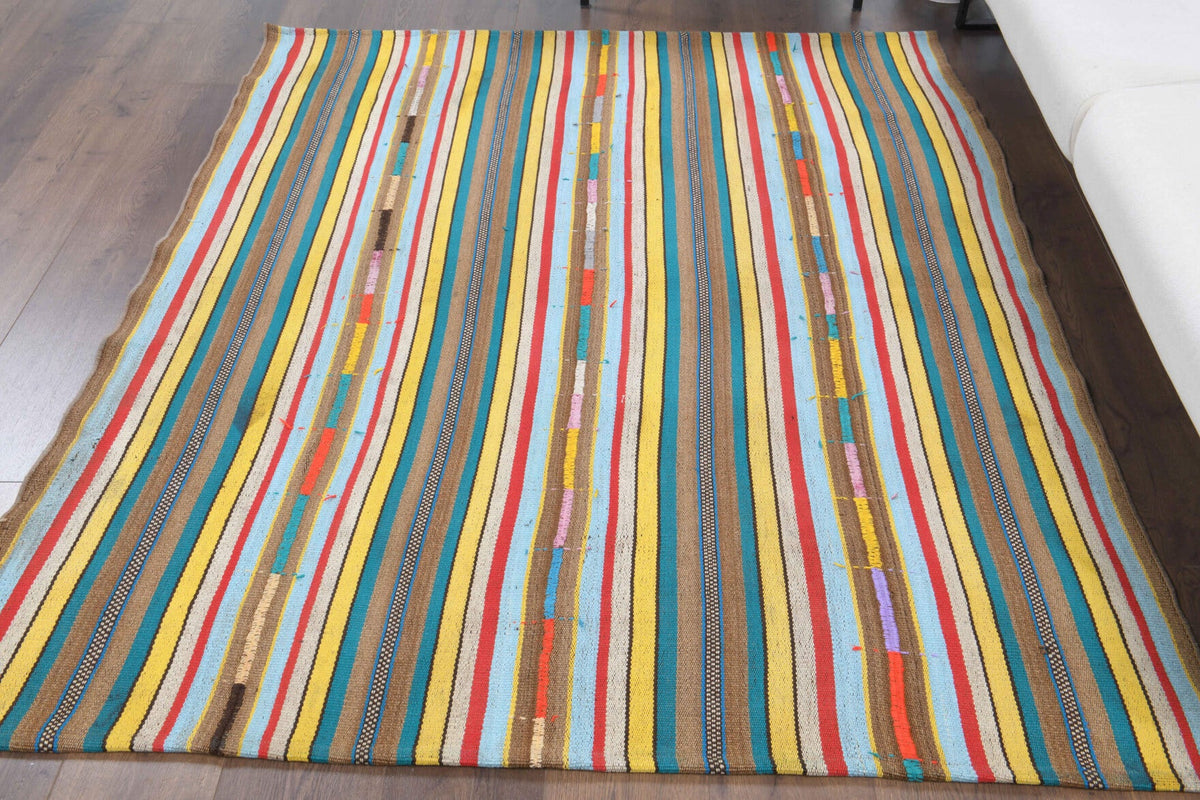 El yapımı vintage halı 157x188 cm çizgili desenli yün - kenar ve saçak detayı