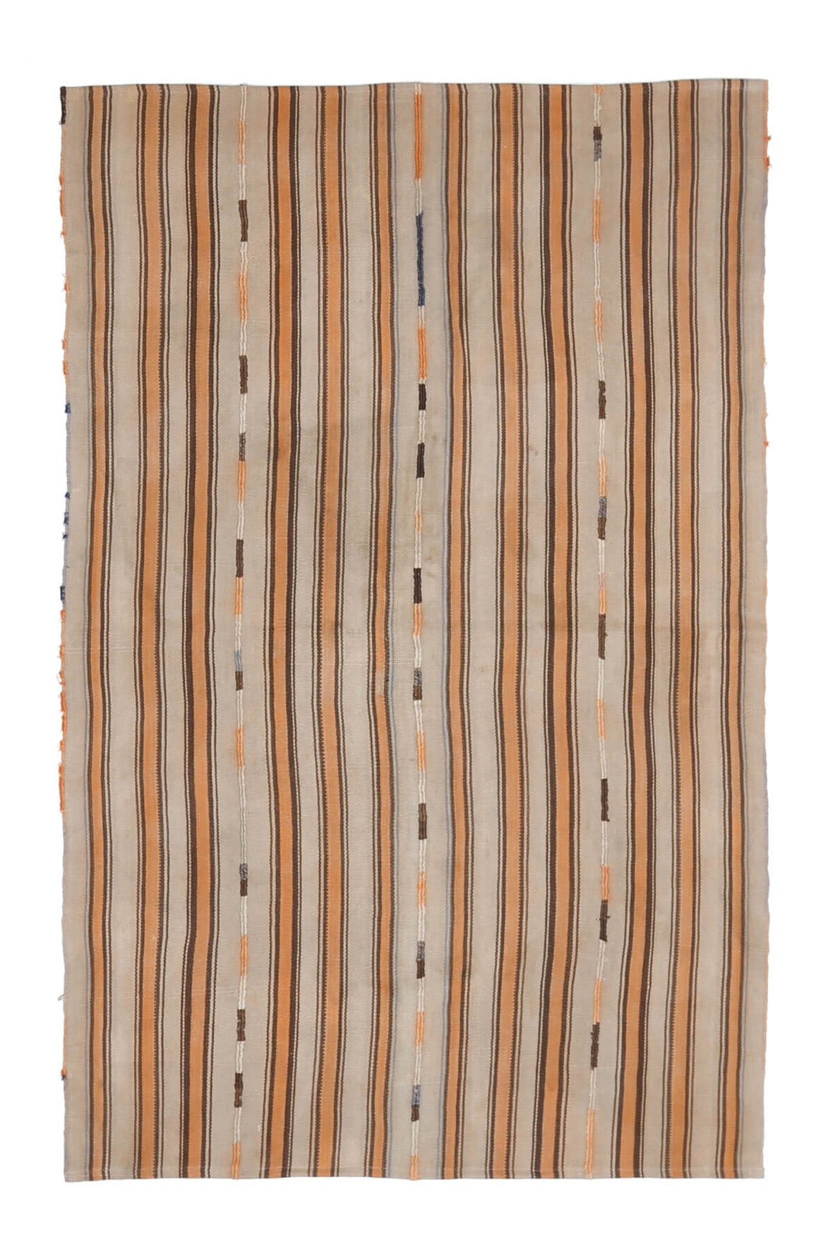 147x233 cm turuncu ve kahverengi çizgili el dokuma vintage kilim – üstten tam görünüm