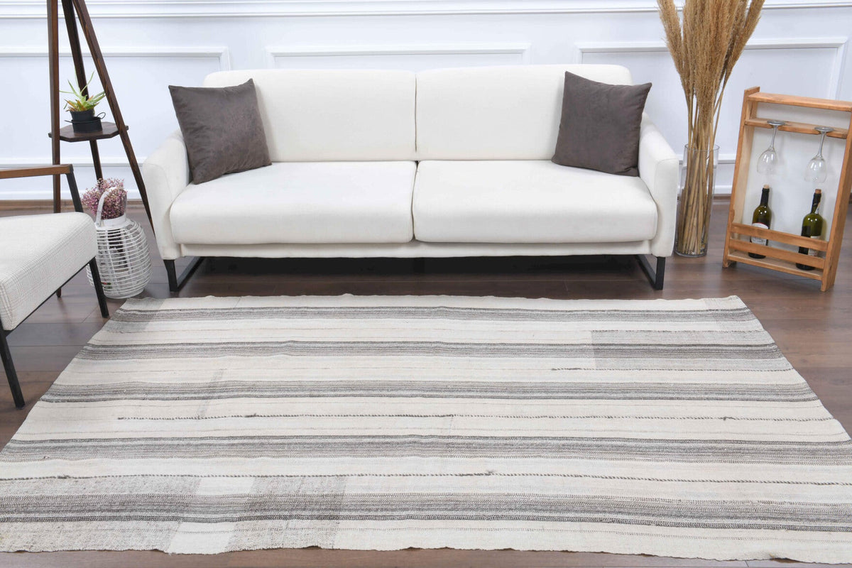 El yapımı vintage halı 150x241 cm çizgili desenli yün - detay görünümü
