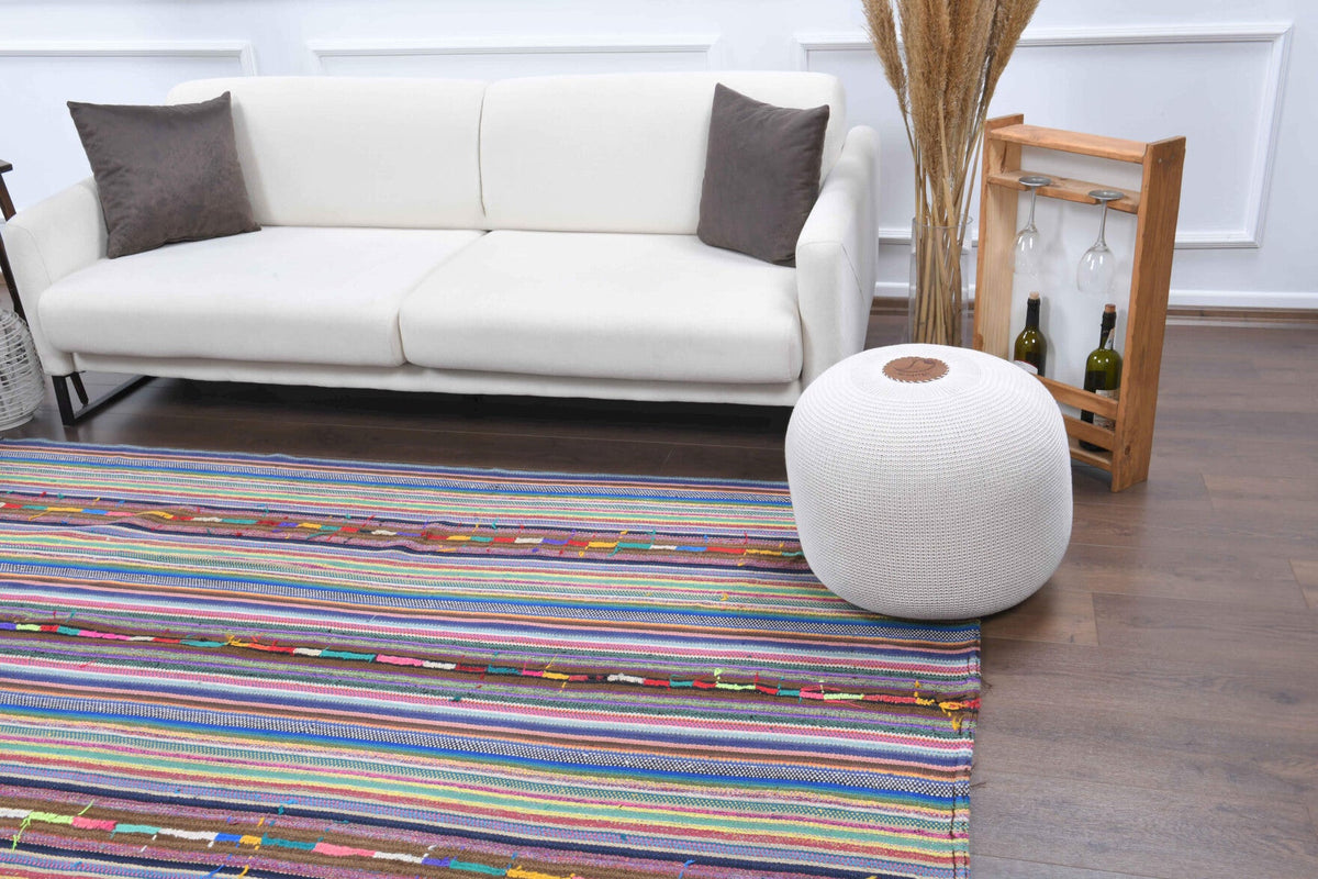 El yapımı vintage halı 173x244 cm çizgili desenli yün - yakın çekim doku detayı