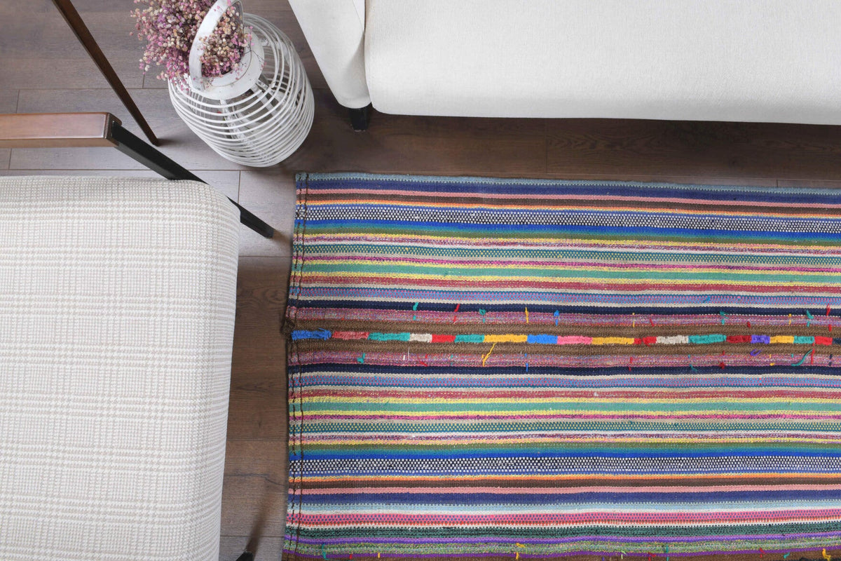 Vintage kilim 173x243 cm – mavi, pembe ve mor çizgili, el dokuma