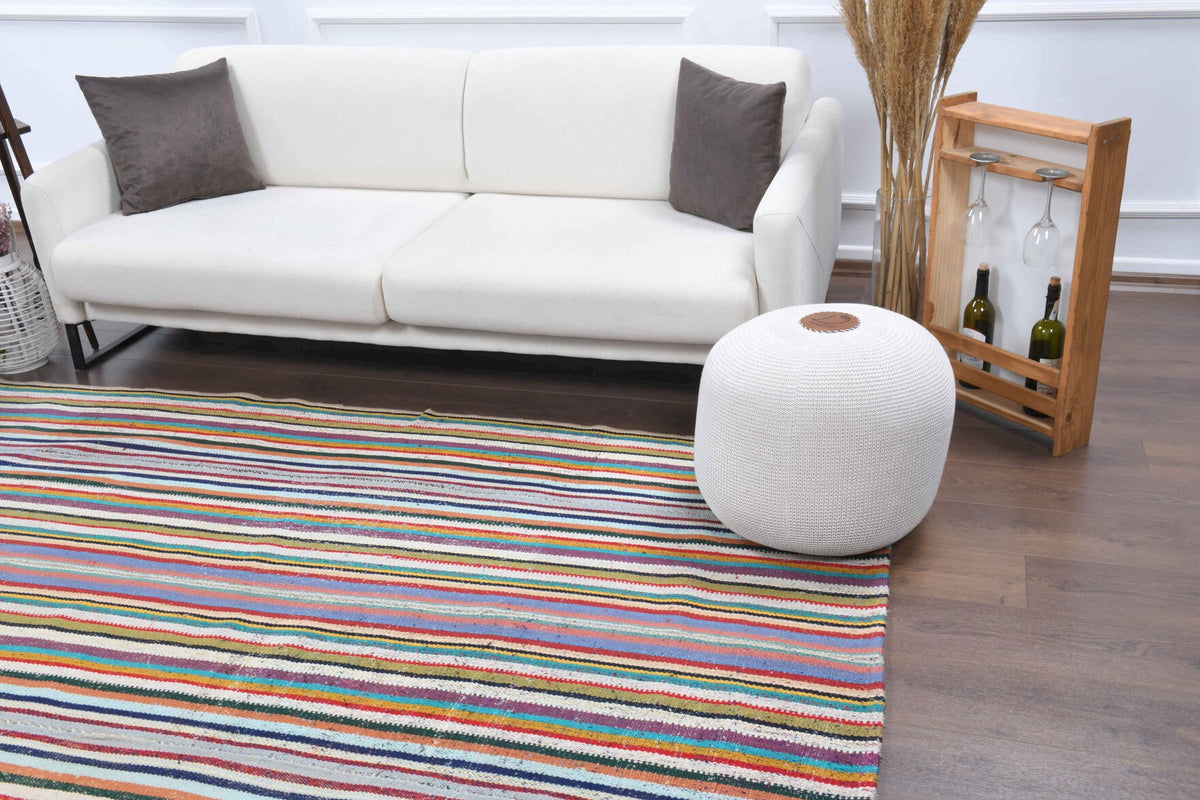 El yapımı vintage halı 165x249 cm çizgili desenli yün - yakın çekim doku detayı
