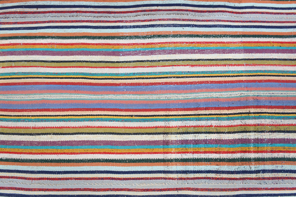 Mavi, turuncu ve kırmızı renkli el dokuma vintage kilim, %100 yün dokuma