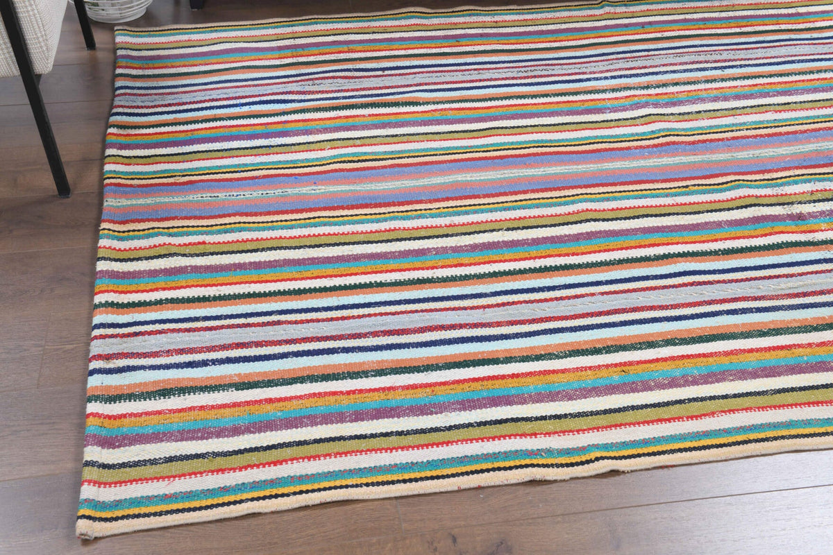 Pera Halı tek parça koleksiyonu: çizgili el dokuma vintage kilim, mavi, turuncu ve kırmızı