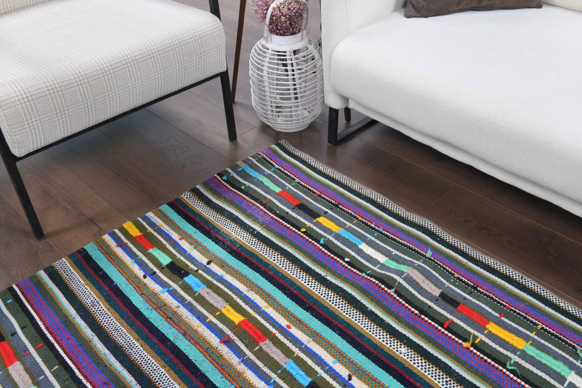 El yapımı vintage halı 132x224 cm çizgili desenli yün - üstten görünüm