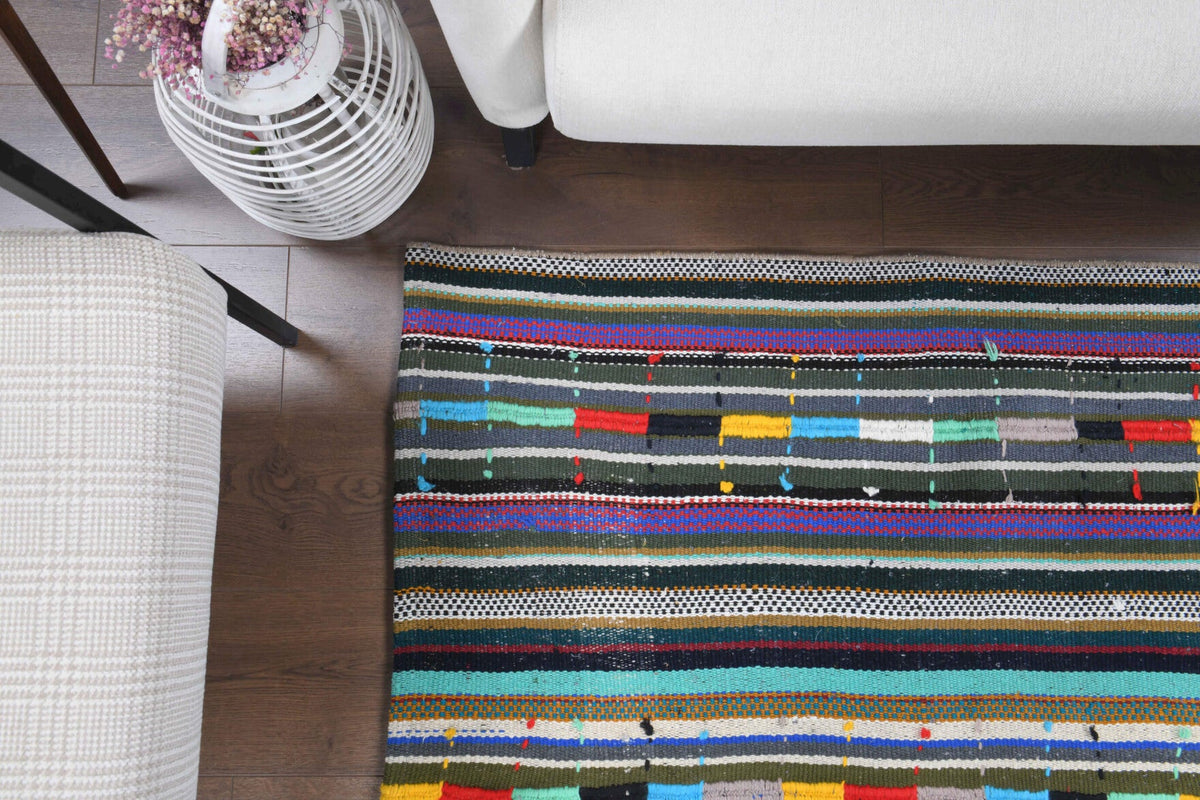 El yapımı vintage halı 132x224 cm çizgili desenli yün - farklı açıdan görünüm