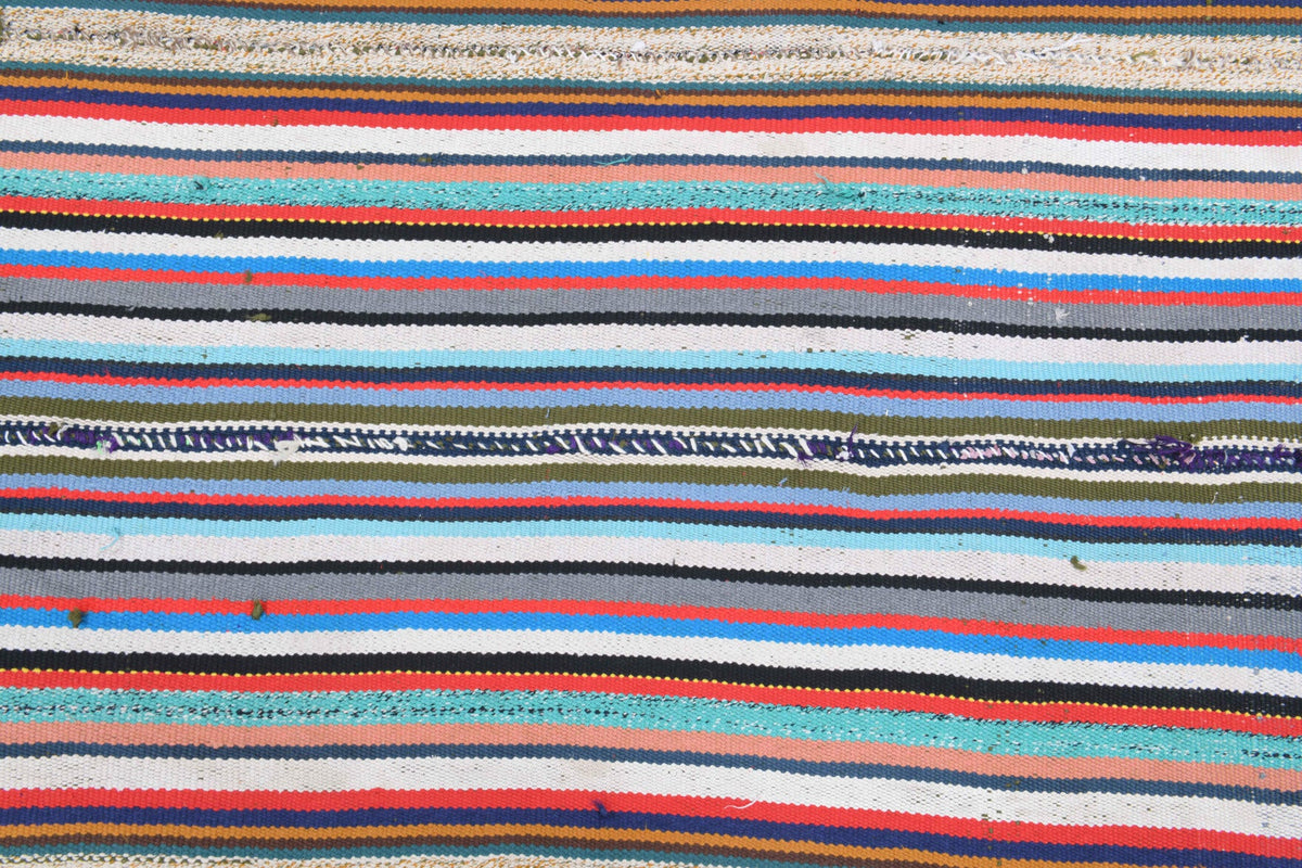 Mavi, gri ve kırmızı renkli el dokuma vintage kilim, %100 yün dokuma