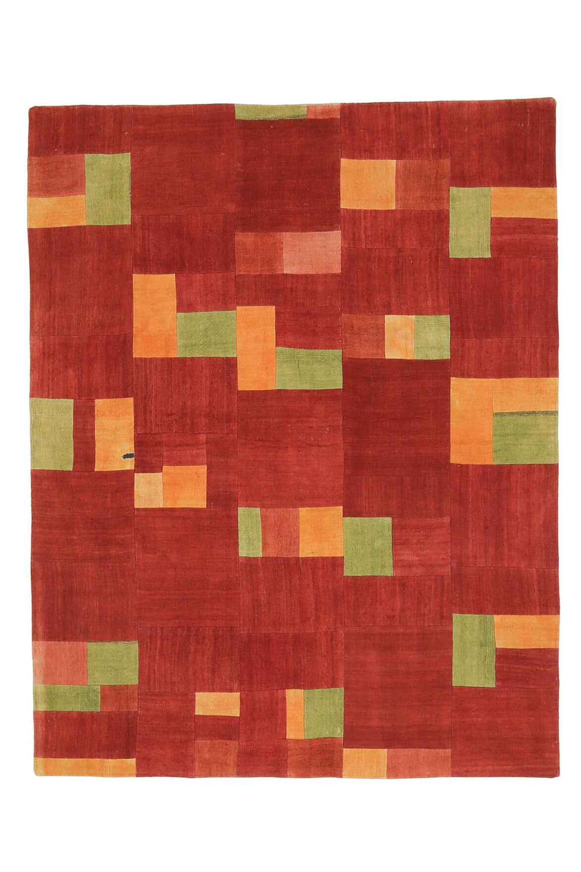 155x204 cm kırmızı ve turuncu düz zeminli patchwork vintage halı – üstten tam görünüm