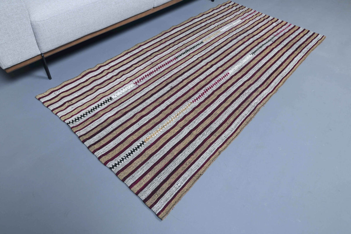El yapımı vintage yolluk 102x208 cm çizgili desenli yün - yakın çekim doku detayı