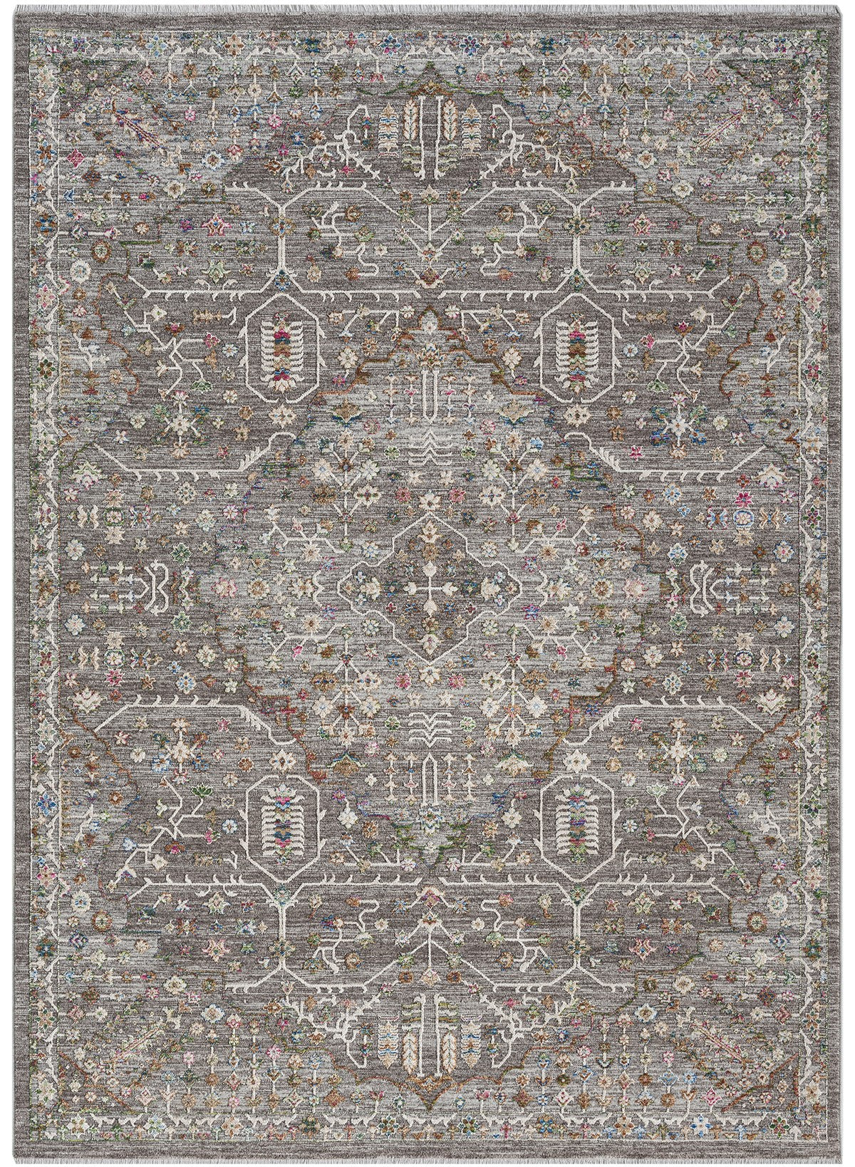 Koyu Gri Çok Renkli Otantik Eskitme Desenli Halı