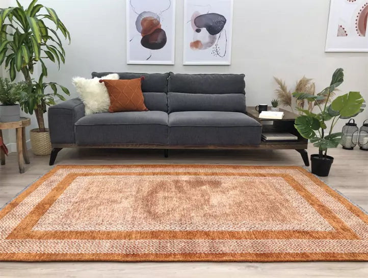 Turuncu ve Krem Çift Bordürlü Modern İskandinav Halı