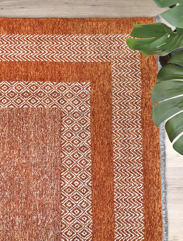 Turuncu ve Krem Çift Bordürlü Modern İskandinav Halı