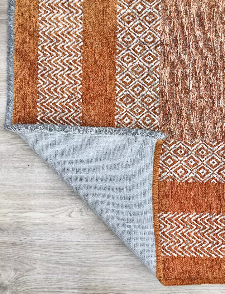 Turuncu ve Krem Çift Bordürlü Modern İskandinav Halı