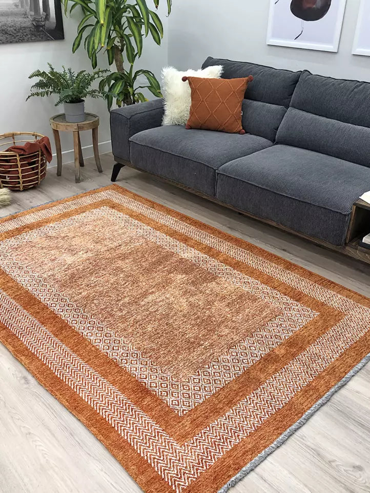 Turuncu ve Krem Çift Bordürlü Modern İskandinav Halı