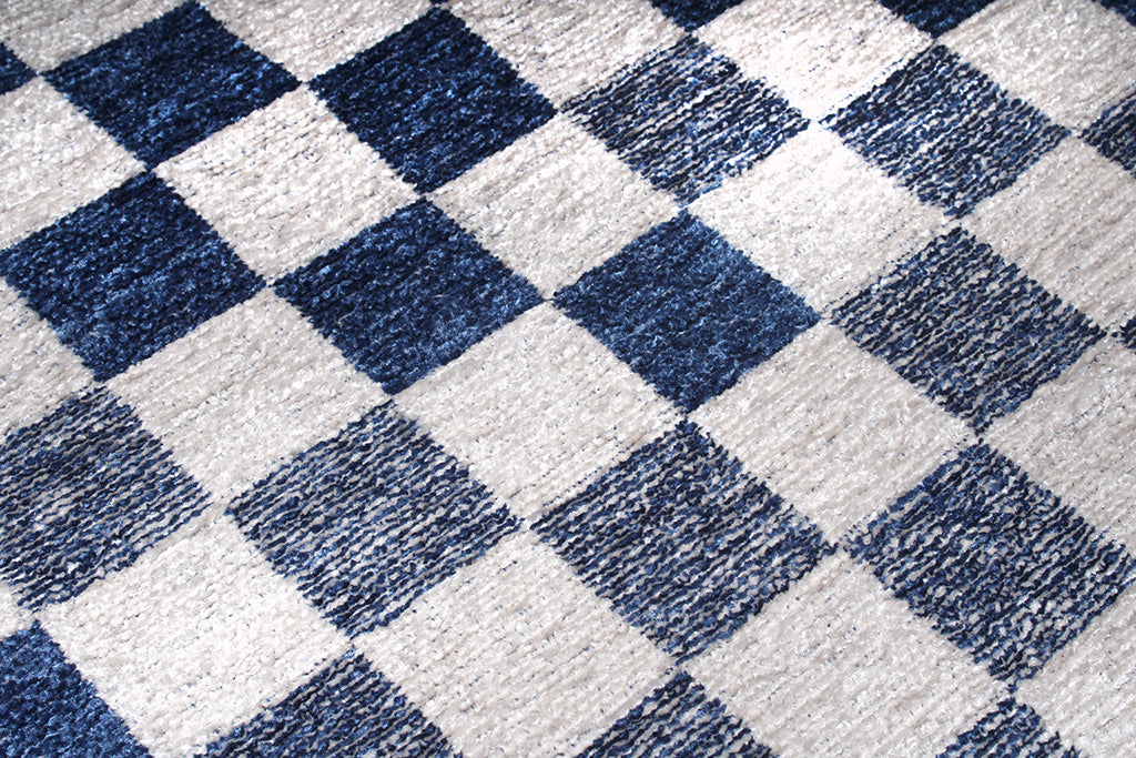 Mavi Beyaz Pamuk Polyester Modern Geometrik Dama Desenli Yıkanabilir Halı