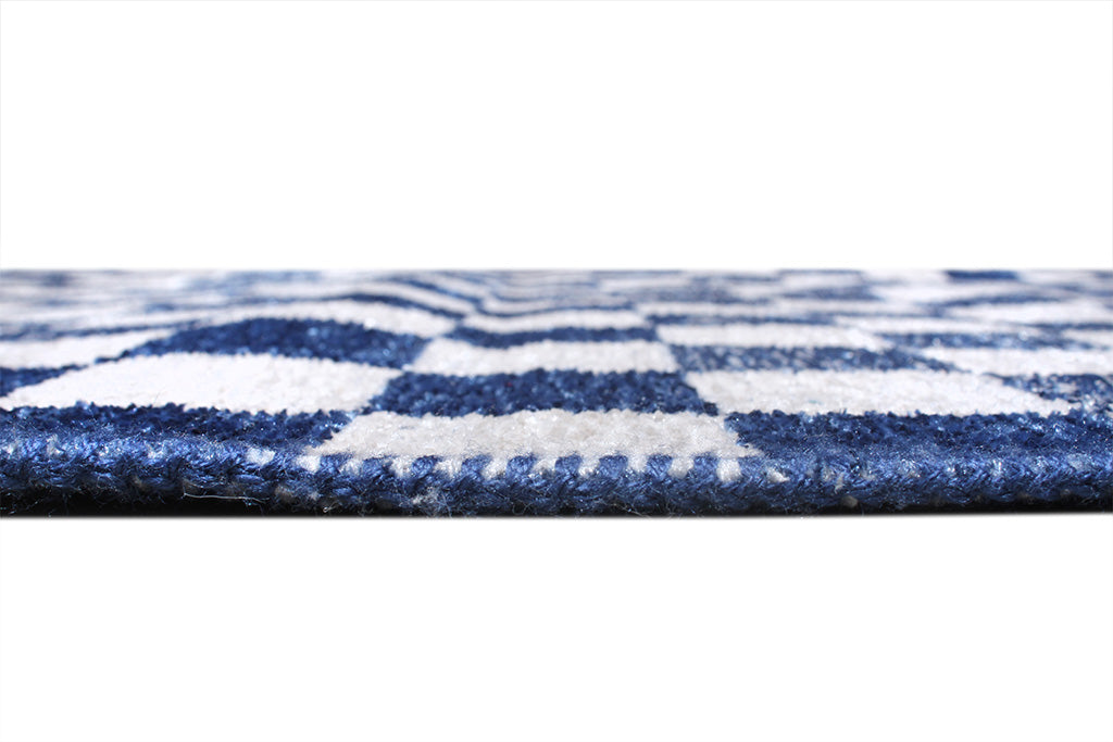 Mavi Beyaz Pamuk Polyester Modern Geometrik Dama Desenli Yıkanabilir Halı