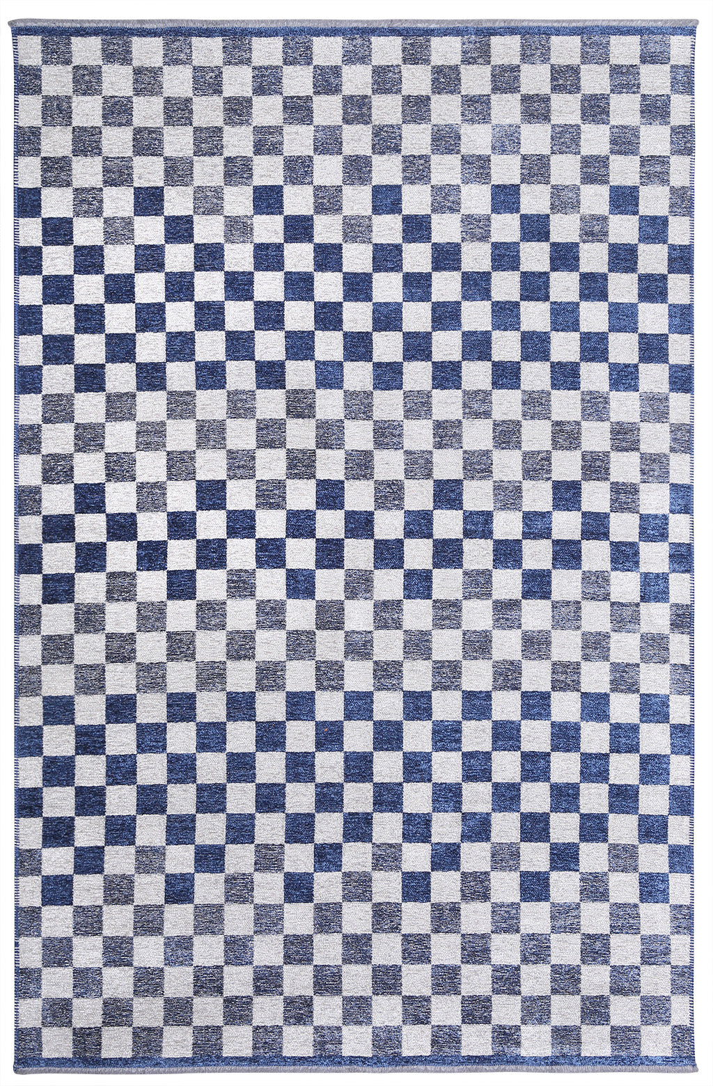 Mavi Beyaz Pamuk Polyester Modern Geometrik Dama Desenli Yıkanabilir Halı