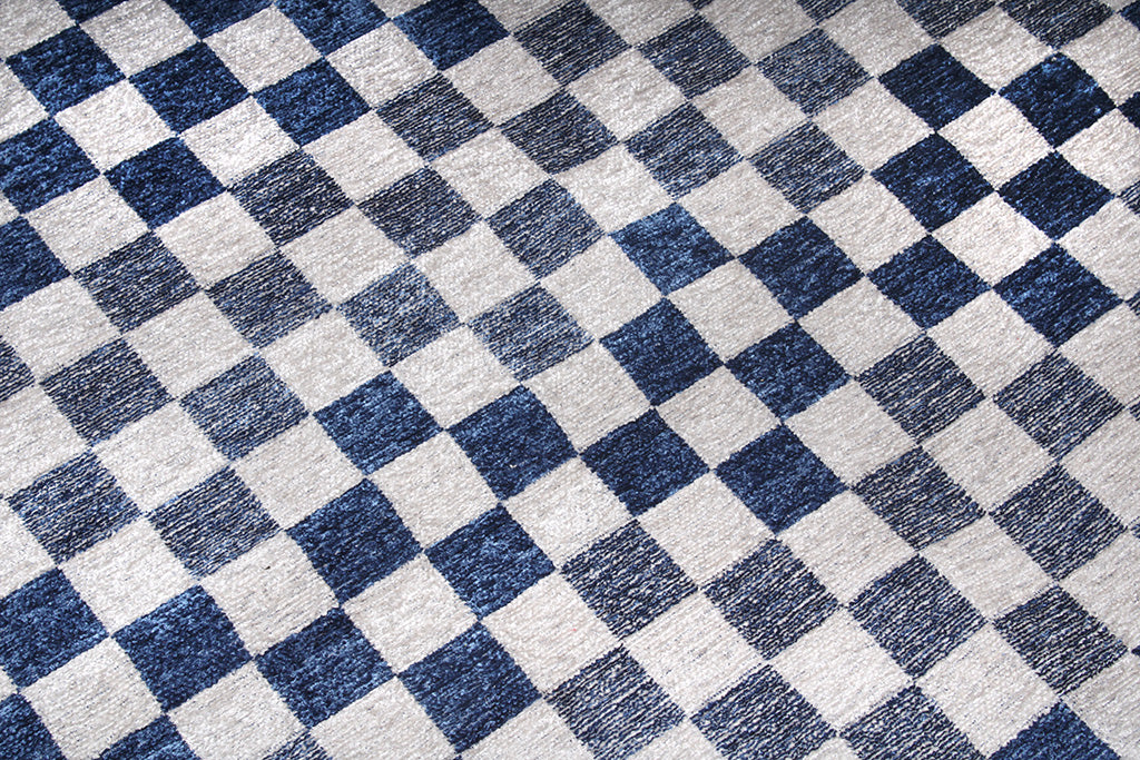 Mavi Beyaz Pamuk Polyester Modern Geometrik Dama Desenli Yıkanabilir Halı