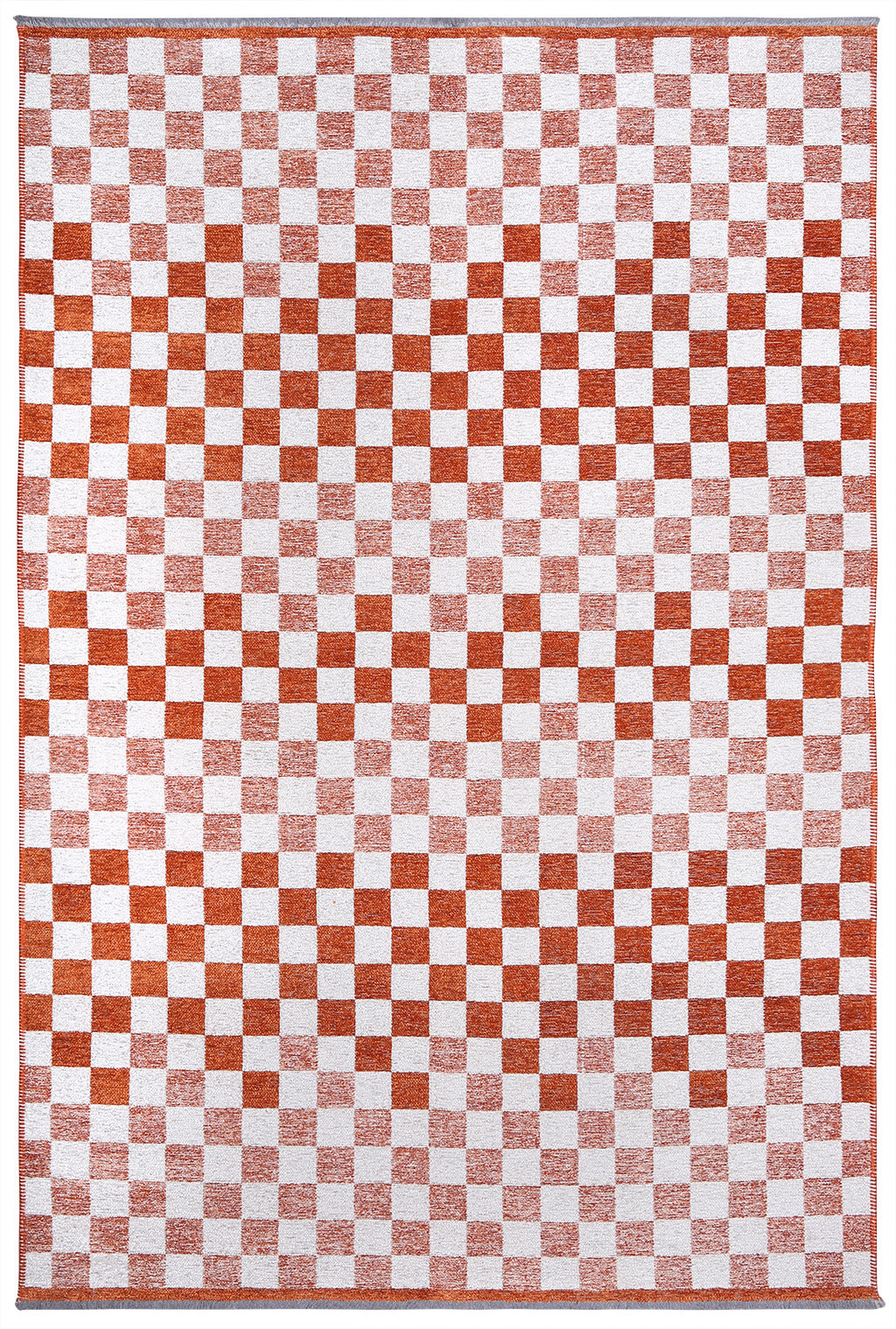 Turuncu Beyaz Pamuk Polyester Modern Geometrik Dama Desenli Yıkanabilir Halı