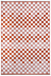 Turuncu Beyaz Pamuk Polyester Modern Geometrik Dama Desenli Yıkanabilir Halı
